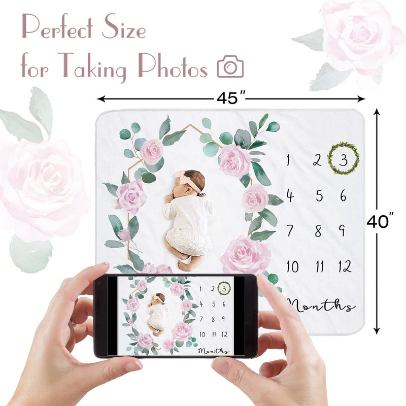 Yoothy Baby Monthly Milestone Blanket for Baby Girl, Newborn Age Months Blanket Photo Prop with Growth Chart, Floral Wreath & Headband - Image 2